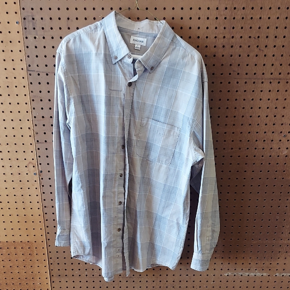Haggar Light Gray Plaid Casual Shirt